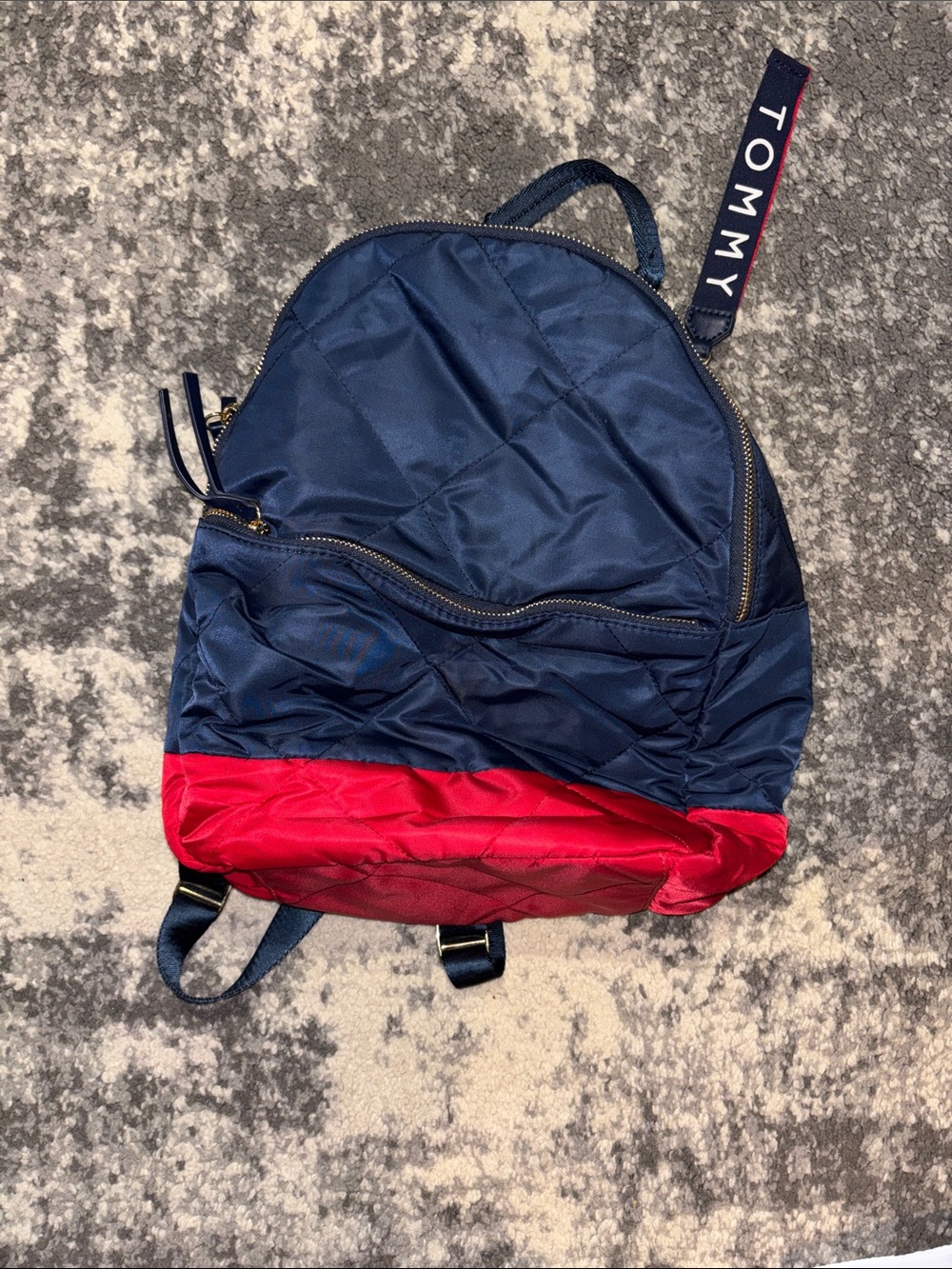 Tommy Hilfiger Navy and Red Quilted Backpack with Branded Pull Tab